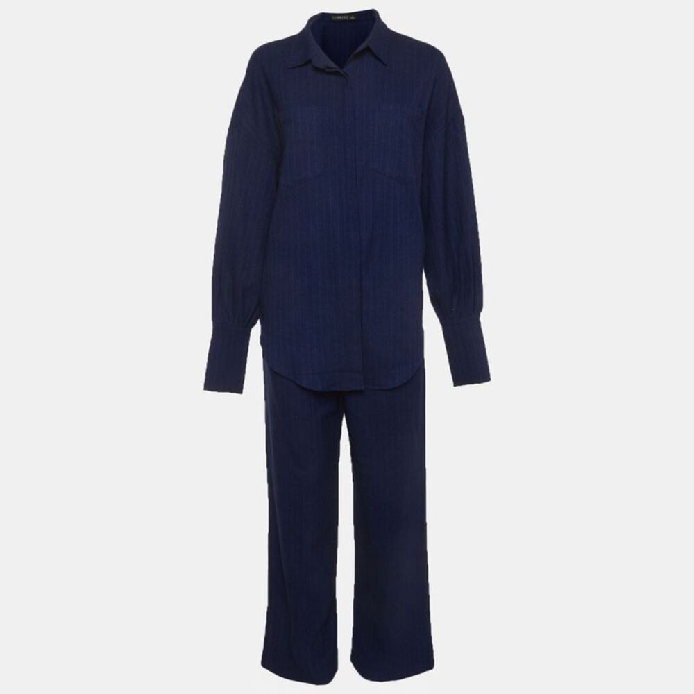 Lioness Navy Blue Stripe Crepe Pant And Oversized Shirt Set S
